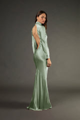 Open back long sleeve gown - sage