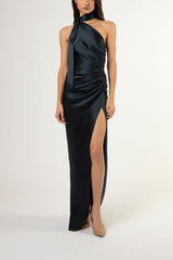 Asymmetrical gathered gown with ties - carbon