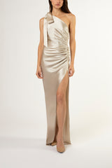 Asymmetrical gathered gown with ties - pearl