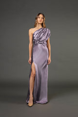 Asymmetrical open back draped gown - mauve