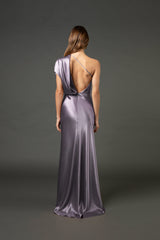 Asymmetrical open back draped gown - mauve