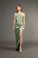 Asymmetrical gathered gown - sage