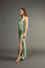 Asymmetrical gathered gown - sage