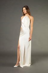 Pleat halter gown with slit - ivory