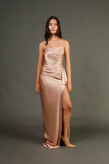 Strapless gathered gown with cascade - blush
