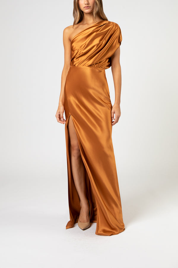 Asymmetrical open back draped gown - copper