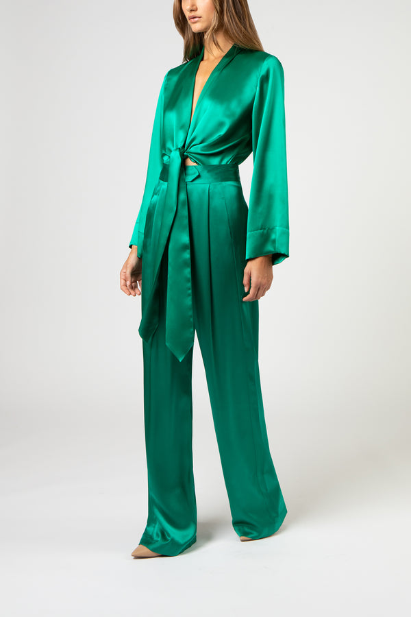 L/s kimono blouse with ties - emerald