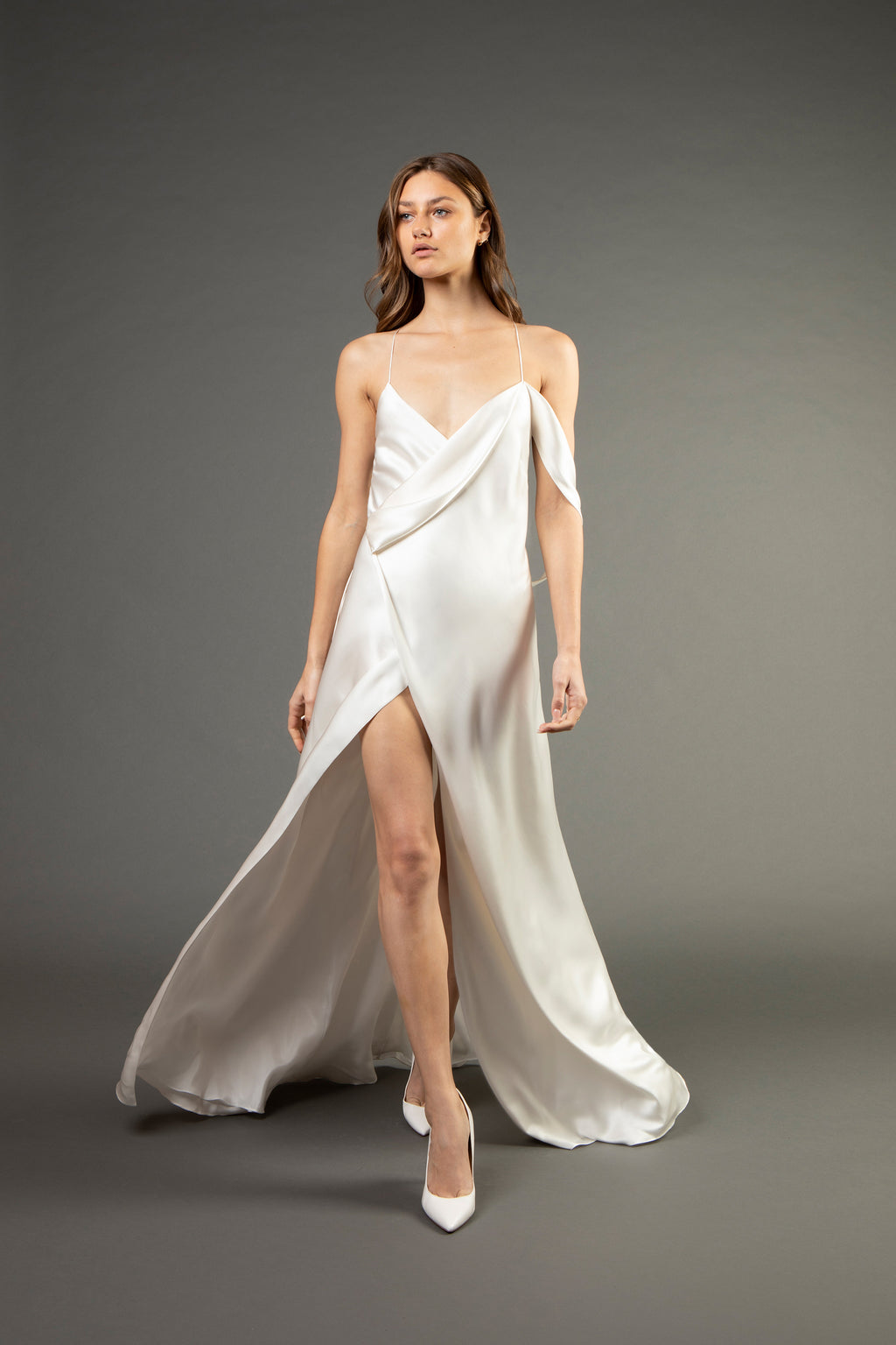 Strappy wrap gown with cowl - ivory Michelle Mason Strappy wrap gown with cowl - ivory Michelle Mason