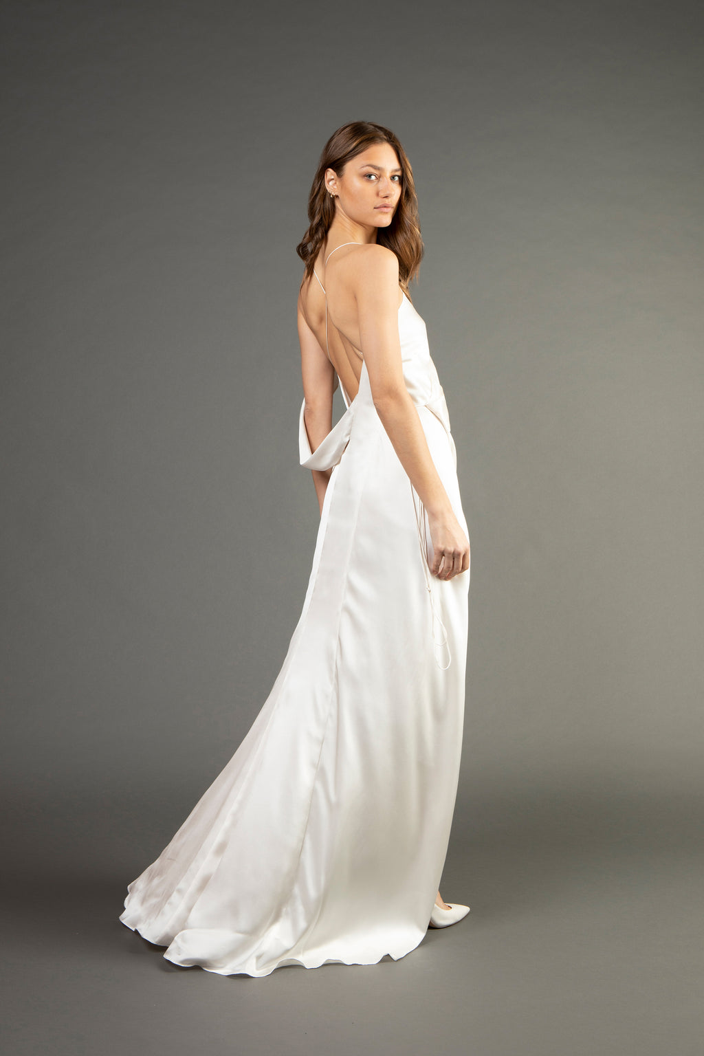 Strappy wrap gown with cowl ivory Michelle Mason