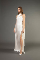 One shoulder gown with tie - ivory