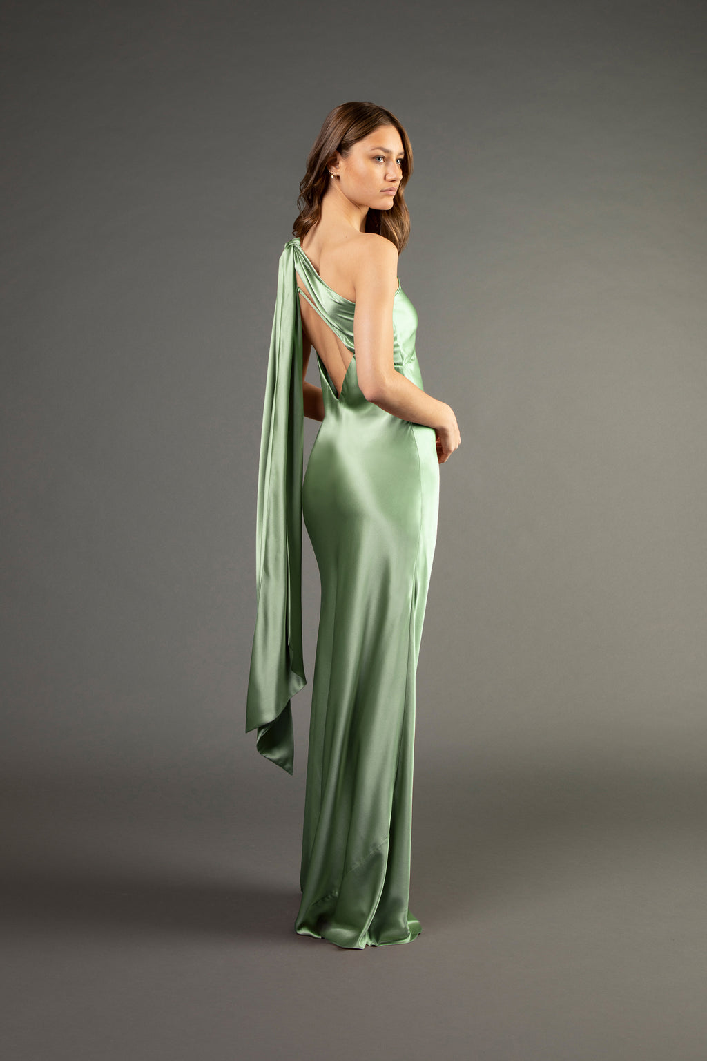 One shoulder gown with tie sage preorder