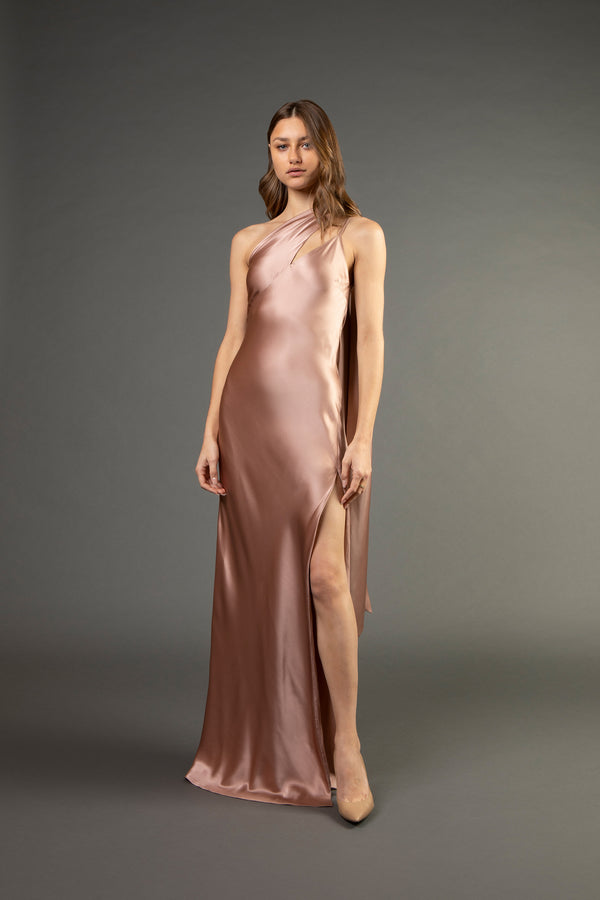 One shoulder gown with tie - blush