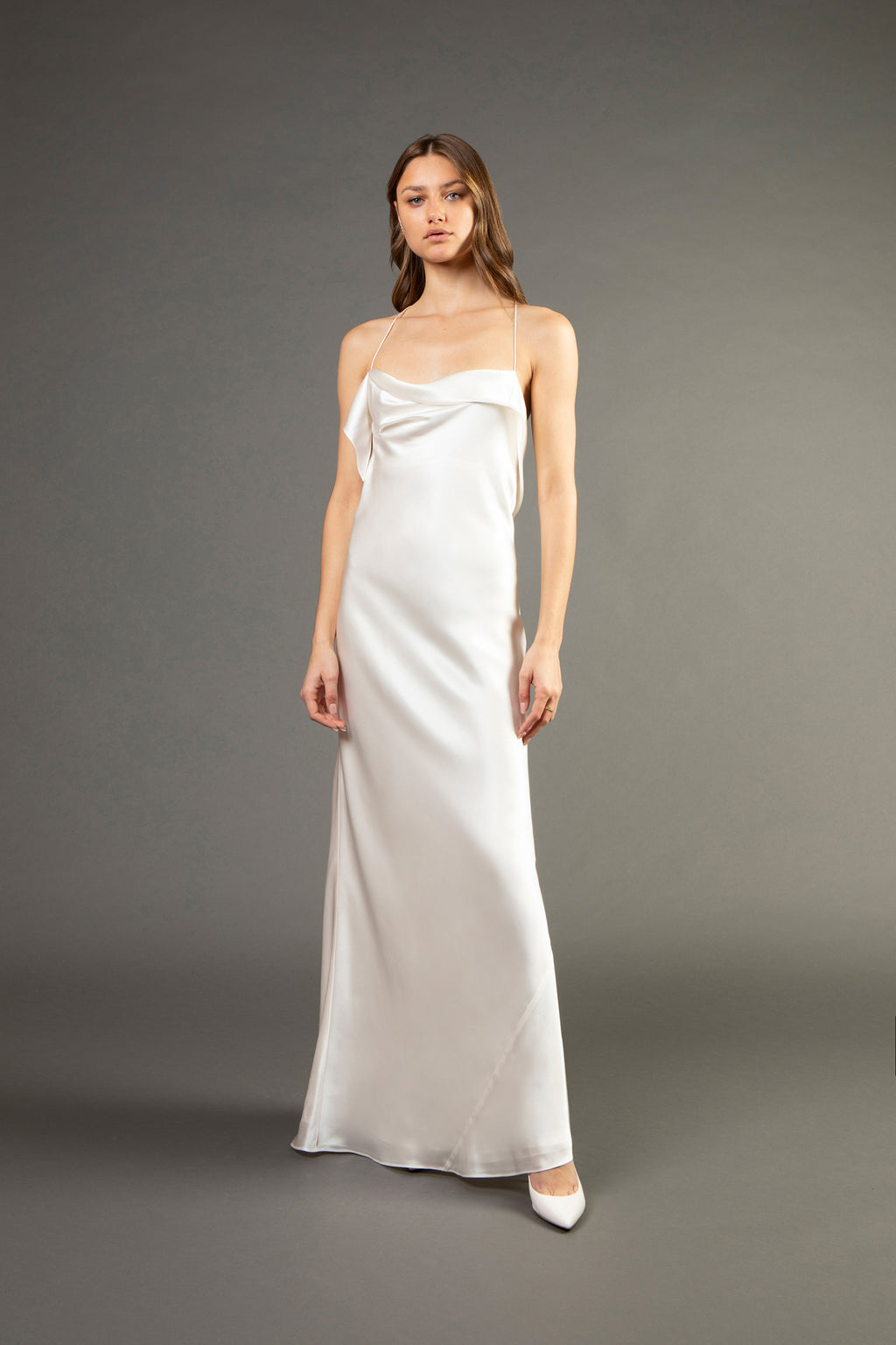 satin bias ruffle maxi dress Evening Date Satin Cowl Neck Drape Ruffle Backless Bias Cut Party Max roschic