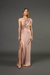 Asymmetrical open back draped gown - blush