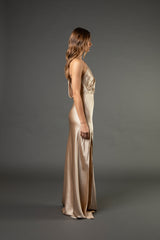 Asymmetrical open back draped gown - champagne