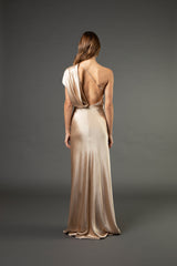 Asymmetrical open back draped gown - champagne