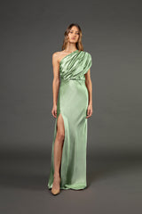 Asymmetrical open back draped gown - sage