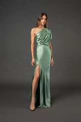 Asymmetrical open back draped gown - sage