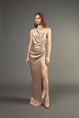 Asymmetrical gathered gown - champagne