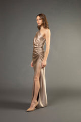Asymmetrical gathered gown - champagne