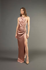 Asymmetrical gathered gown - blush
