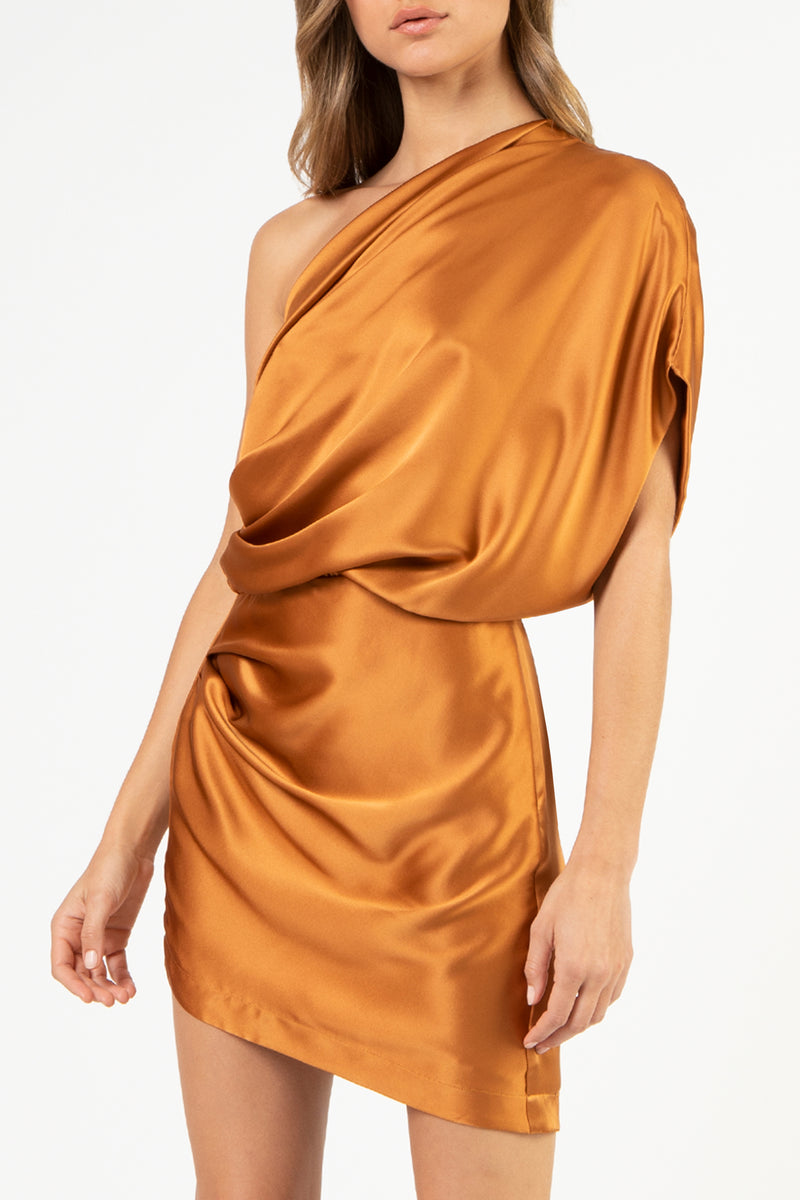 Asymmetrical draped mini dress - copper
