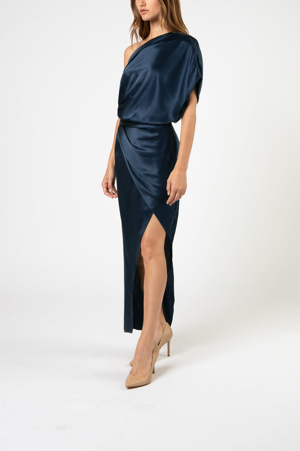 Slate Blue Satin Dress - Pleated Maxi Dress - One-Shoulder Dress