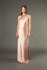 Halter tie neck backless gown - blush