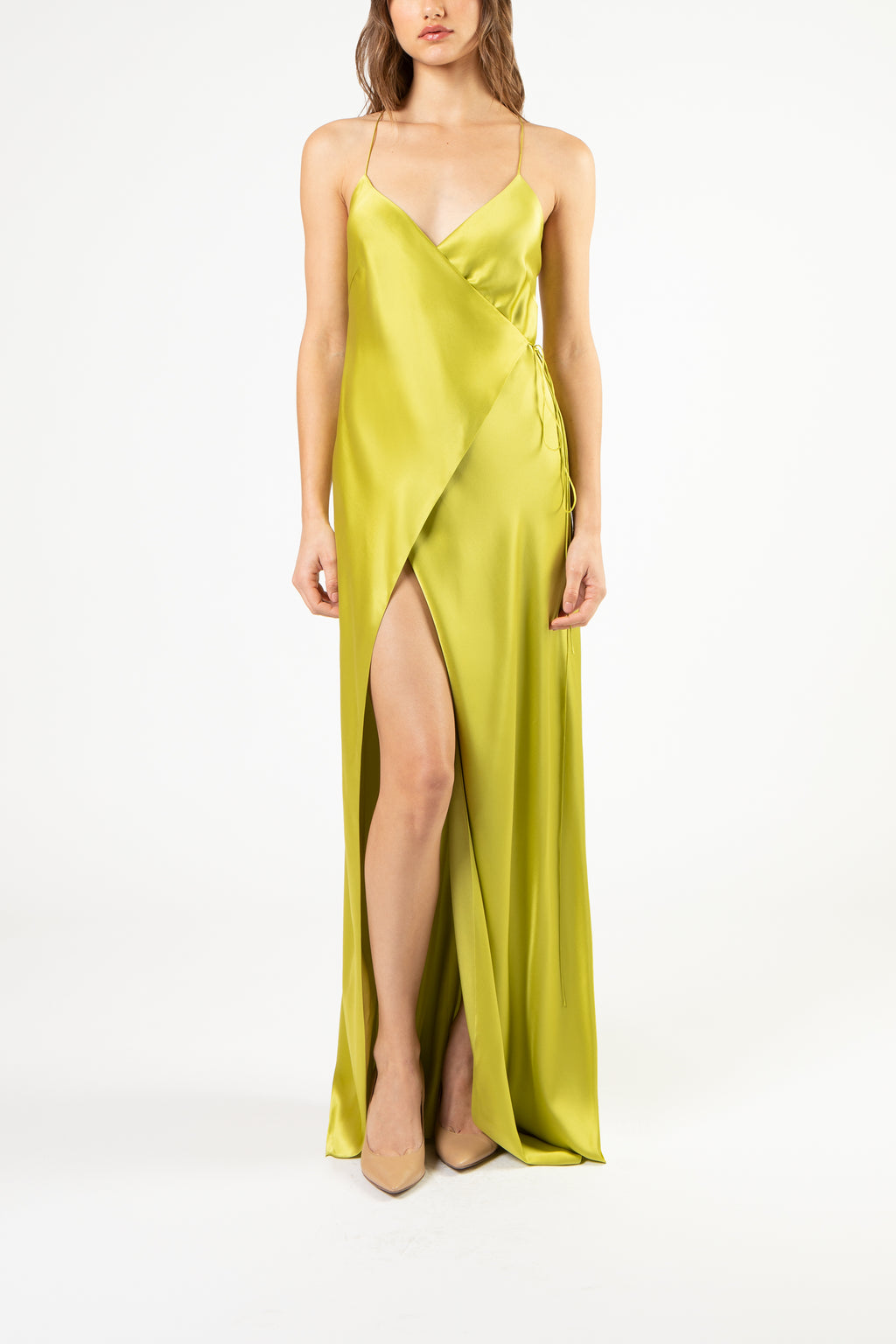 Strappy wrap gown chartreuse Michelle Mason