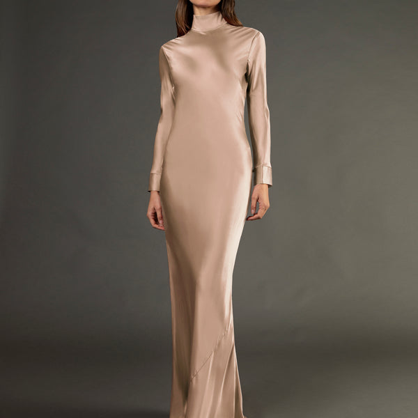 high neck long sleeve satin dress Open back long sleeve gown