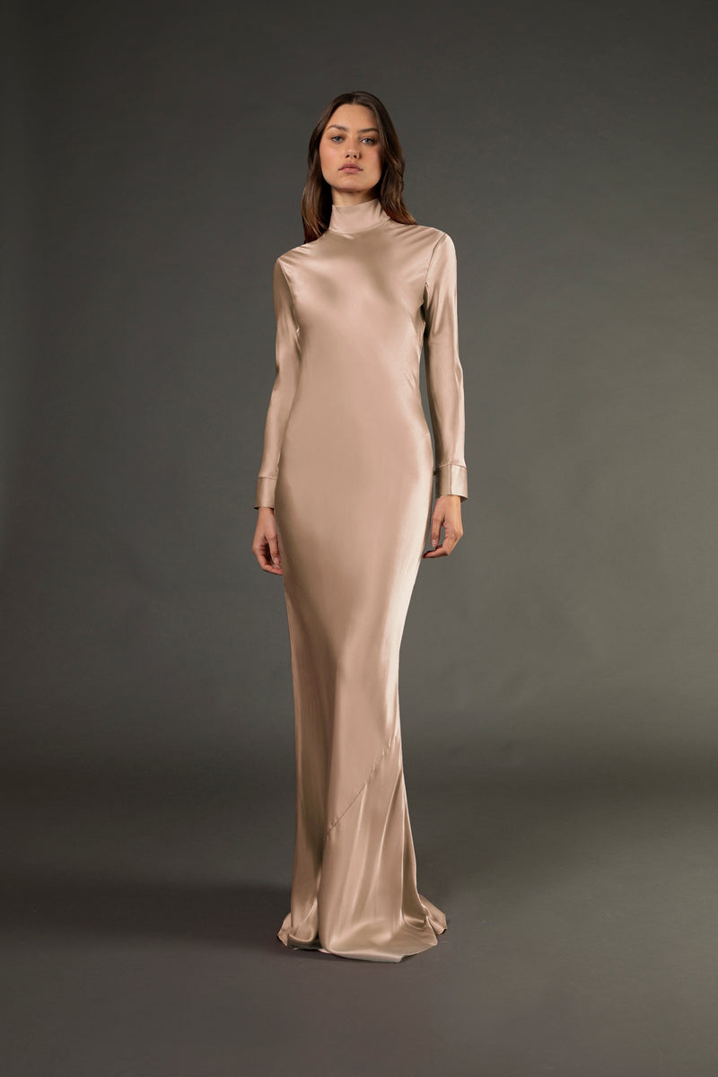Open back long sleeve gown - champagne Michelle Mason Open back long sleeve gown - champagne Michelle Mason