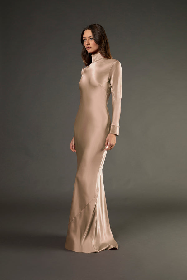 Open back long sleeve gown - champagne