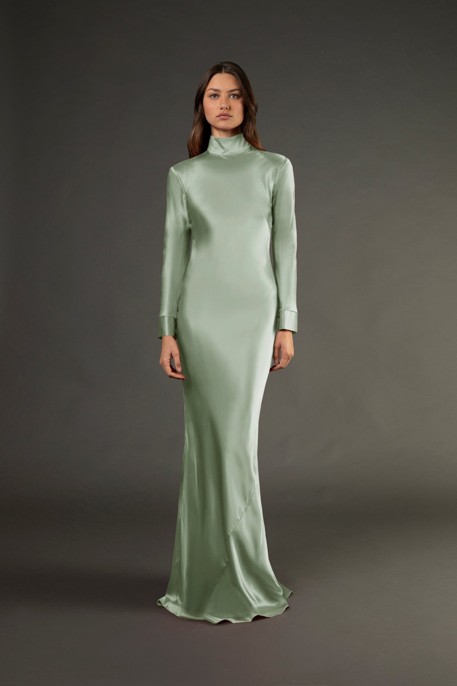long sleeve green satin dress Open back gown BLACK GOTHIC GORGEOUS EMBROIDERED High fitted waist Whimsical Color:Mellow Yellow