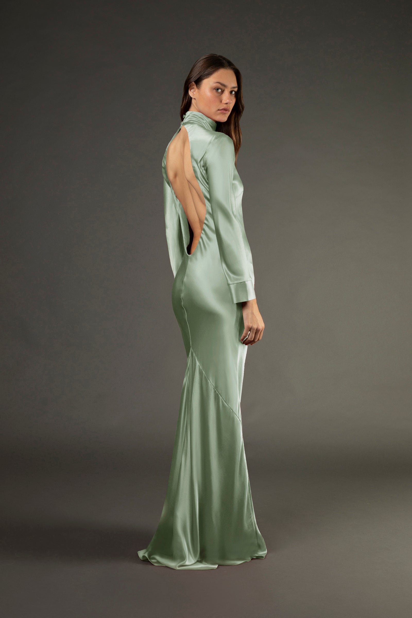 Open back long sleeve gown