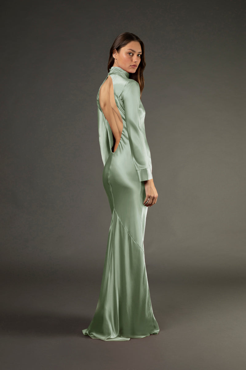 Open back long sleeve gown - sage (preorder)