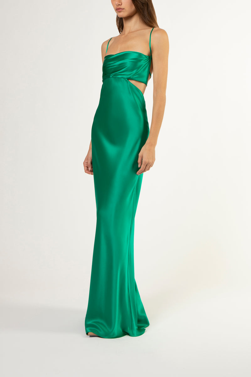 Multi-strap plunge back cutout gown - emerald