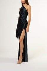 Asymmetrical gathered gown with ties - carbon