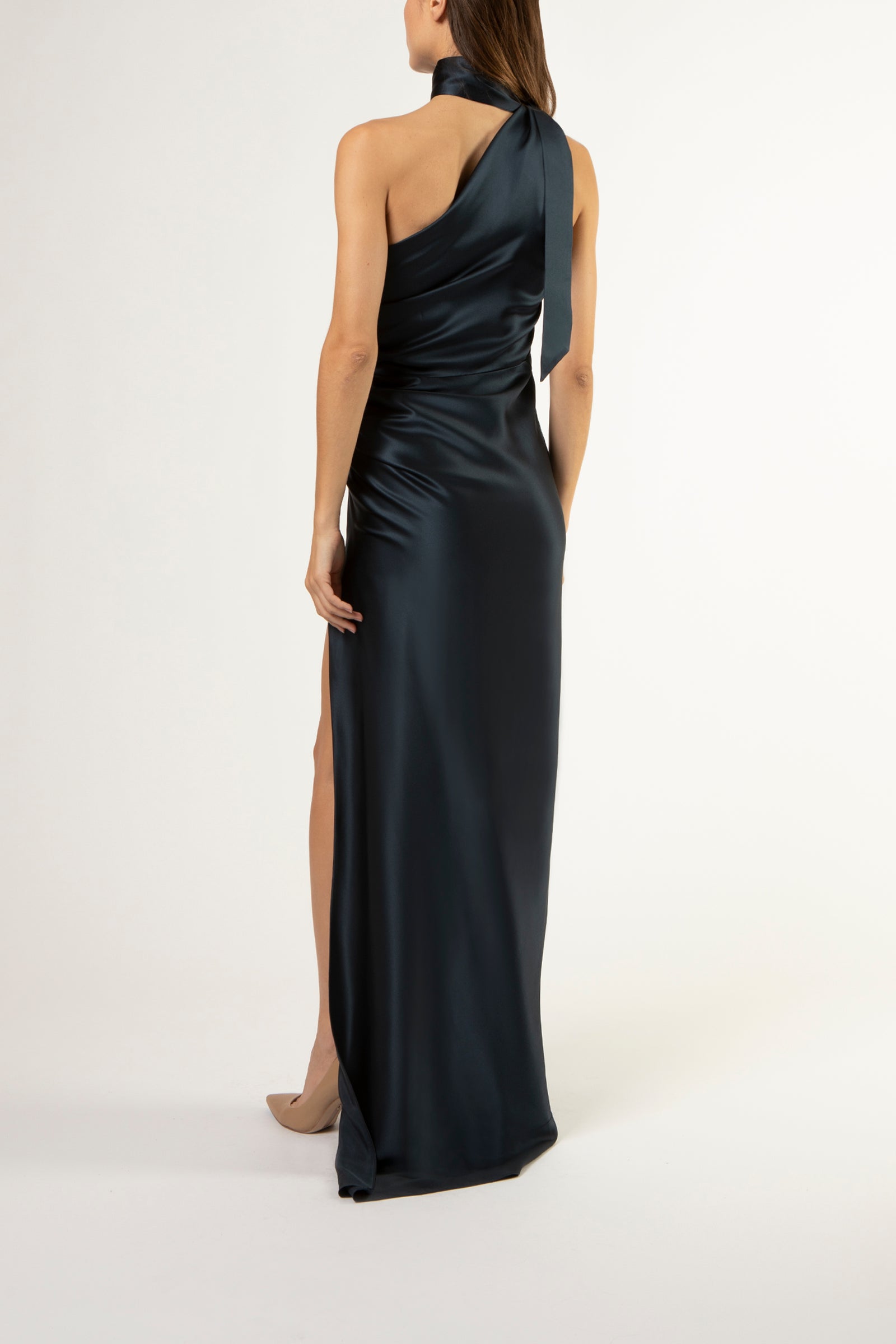 Asymmetrical gathered gown with ties