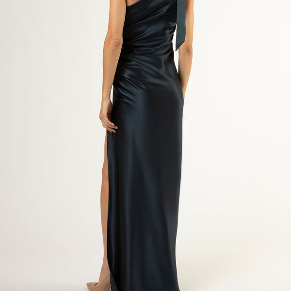 Asymmetrical gathered gown with ties