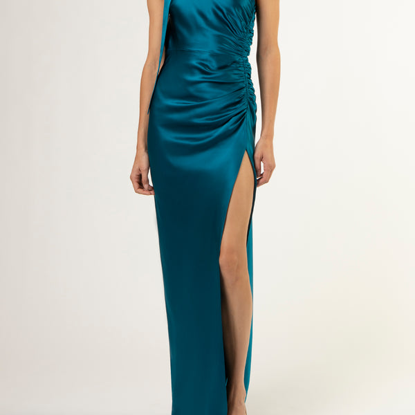 michelle mason asymmetrical dress One-shoulder twisted silk-satin dress - brick