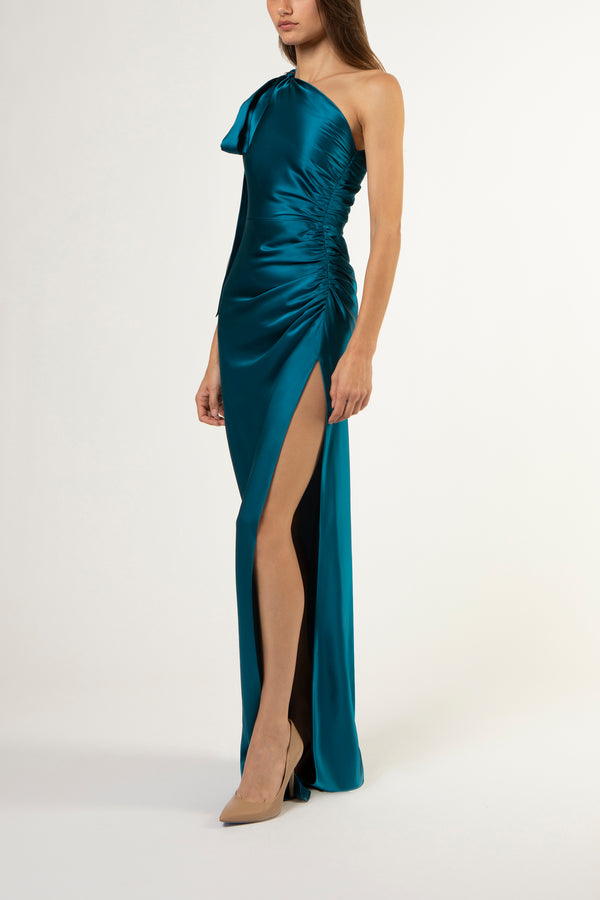 Asymmetrical gathered gown with ties - peacock