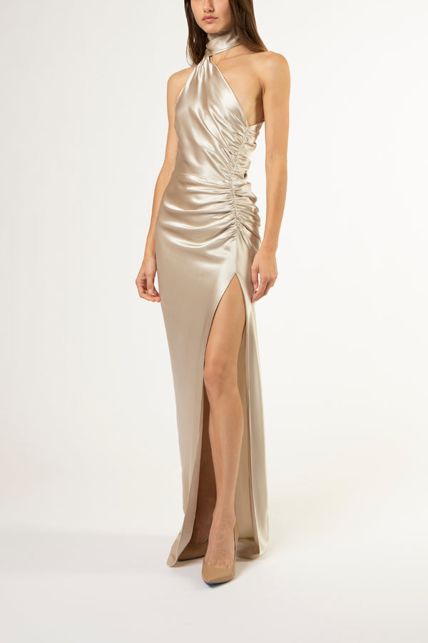 Asymmetrical gathered gown with ties - pearl