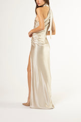 Asymmetrical gathered gown with ties - pearl