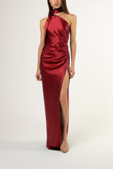 Asymmetrical gathered gown with ties - sangria