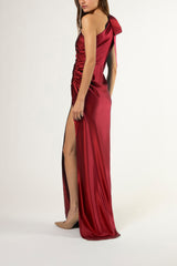 Asymmetrical gathered gown with ties - sangria