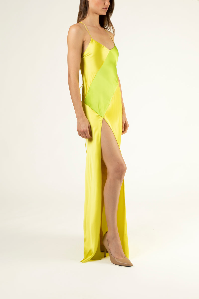 Bias Panel Open Back Gown - highlight/lime