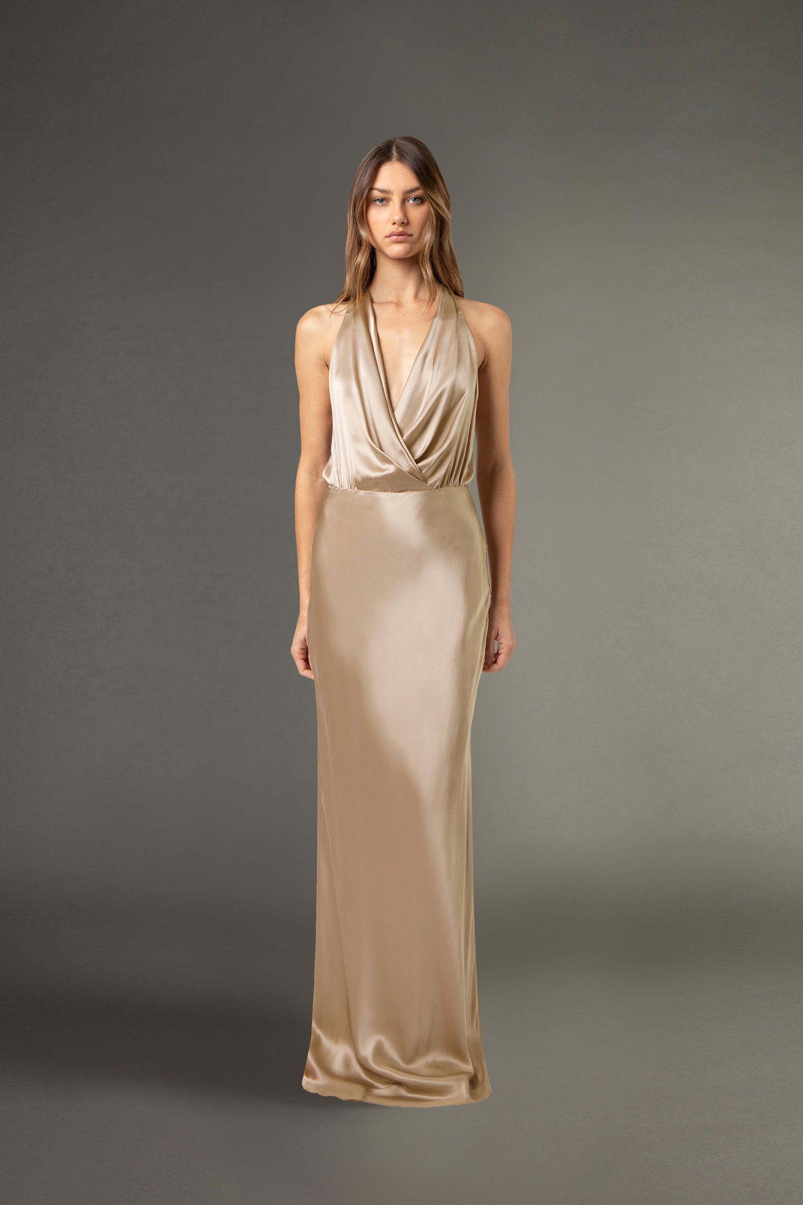 champagne halter dress draped gown EUROSUMMER Has geometric and floral Size:S - Made-To-Order (6 weeks) From your bachelorette party