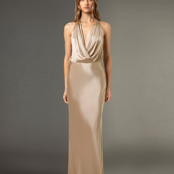 halter champagne dress draped gown CXBSSEPT25 Long sleeves White Knee this party dress will Size:24 - Bust 48