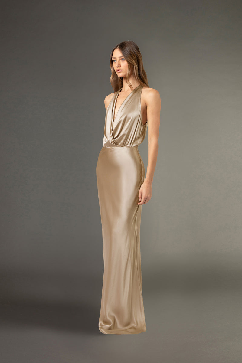 michelle mason champagne dress Strappy wrap gown with cowl