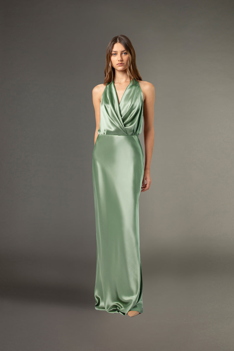 Halter draped gown - sage